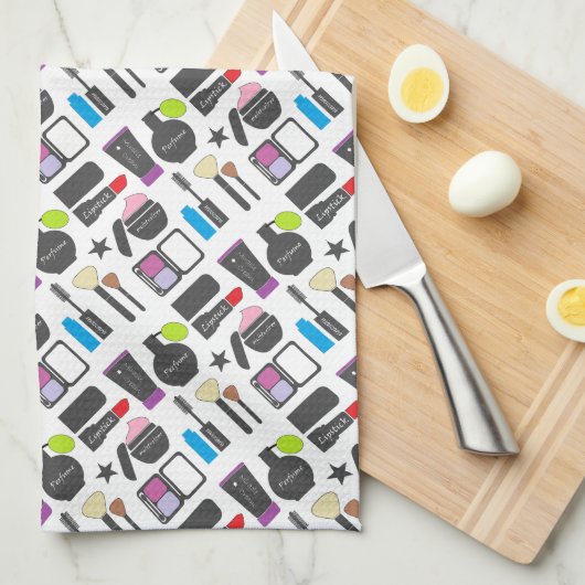 Funky Makeup Cosmetics Collage Pattern Theedoek (Quarter Fold)