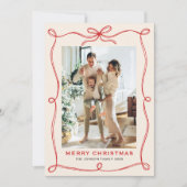 Funky Merry Christmas Boho Red Bow Ribbon 2 Photo Feestdagenkaart (Voorkant)