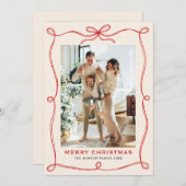 Funky Merry Christmas Boho Red Bow Ribbon 2 Photo Feestdagenkaart (Voorkant / Achterkant)