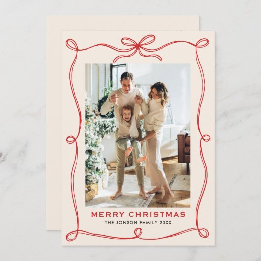 Funky Merry Christmas Boho Red Bow Ribbon 2 Photo Feestdagenkaart (Voorkant / Achterkant)