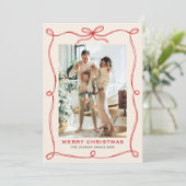 Funky Merry Christmas Boho Red Bow Ribbon 2 Photo Feestdagenkaart (Staand voorkant)