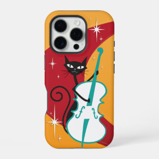 Funky Mid Century Modern Cat Playing stand-up bass iPhone 16 Pro Hoesje