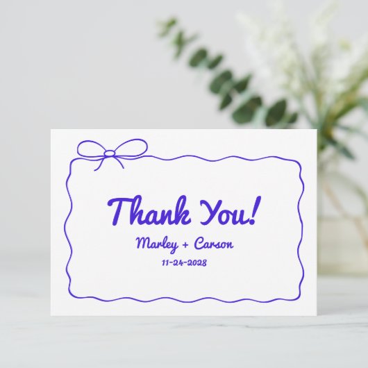 Funky Modern Hand Lettered Royal Blue Wedding Bedankkaart (Staand voorkant)