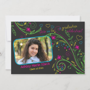 Funky Neon Floral Photo Afstuderen Invitation Kaart