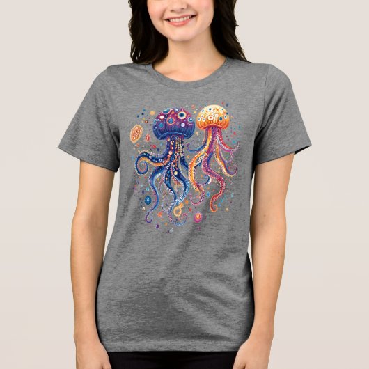 Funky Ocean Guardians: Aangepaste octopia en kwall Tri-Blend Shirt (Voorkant)