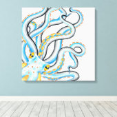 Funky Octopus Ink Blue Oranje Canvas Afdruk (Insitu (Houten vloer))