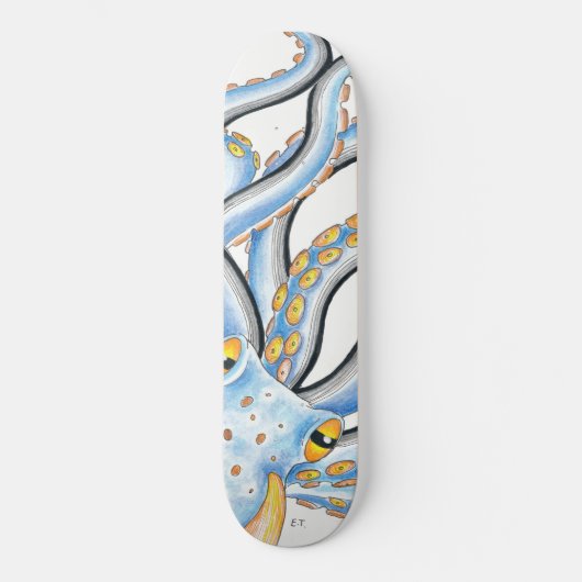 Funky Octopus Ink Blue Oranje Skateboard (Voorkant)