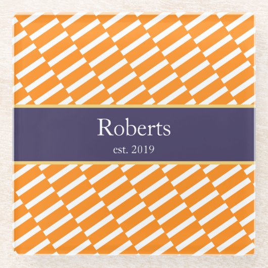 Funky Oranje Pattern Familienaam en Jaar Modern Glazen Onderzetter (Voorkant)