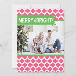 Funky Pink Green Quatrefoil Holiday Flat Card Feestdagenkaart
