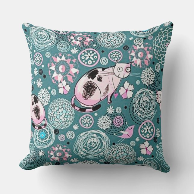 Funky Pink KItty Cat Pattern Sierkussen (Voorkant)