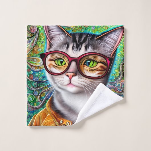 Funky Retro Cute Chat Portant des lunettes Armoire (Gant de toilette)