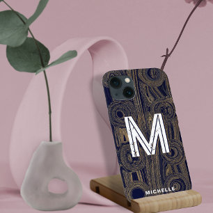 Funky Retro Groovy Navy Blauw Goud Glitter Monogra iPhone 13 Hoesje