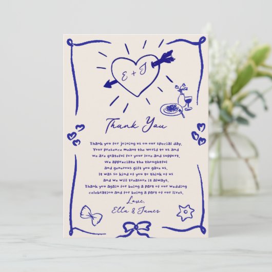 Funky Retro Hand getrokken blauwe bruiloft dank u  Kaart (Staand voorkant)