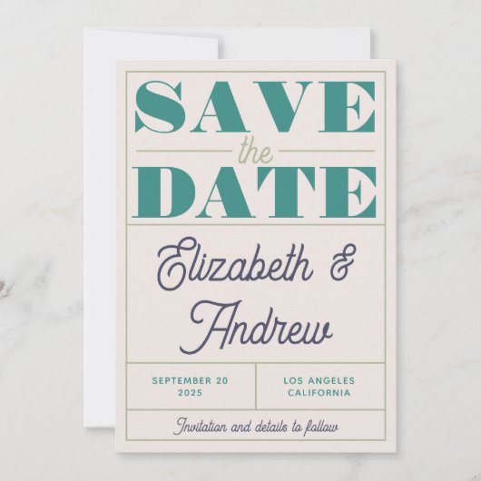 Funky Retro Mint Green Blue Script Weddenschap Save The Date (Voorkant)