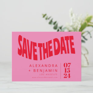 Funky Retro Mod Unieke Roze en Rode Foto Save The Date