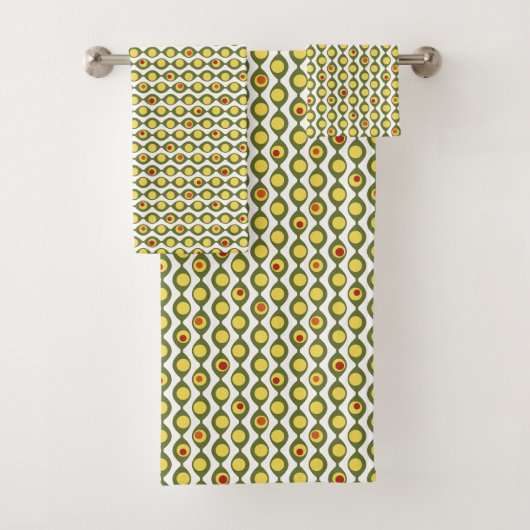 Funky Retro Olive Bead Custom Colours Patroon Bad Handdoek (Insitu)
