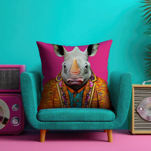 Funky Rhino Portret Hot Pink Kussen