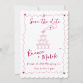 Funky Roze Handgeschreven Champagne Tower Bruiloft Save The Date (Voorkant)
