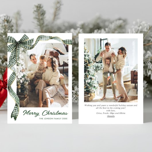 Funky Sage Green Christmas Bow Ribbon 2 Photo Feestdagenkaart