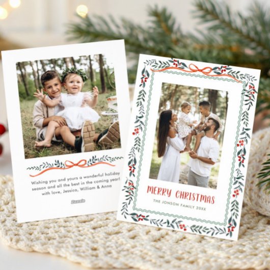 Funky Sage Green Christmas Bow Ribbon 2 Photo Feestdagenkaart