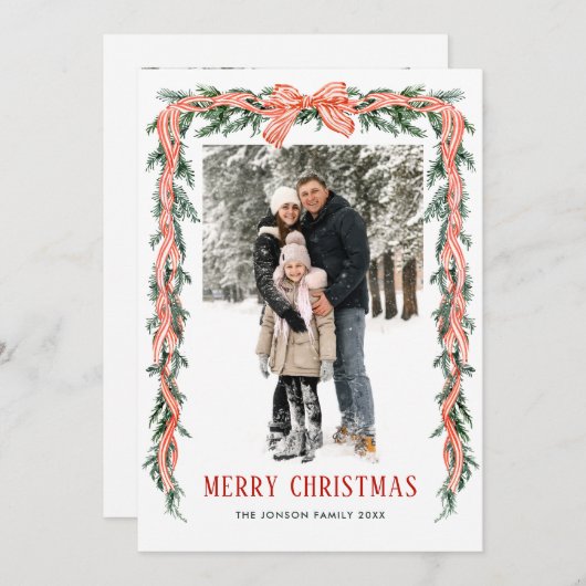 Funky Sage Green Christmas Bow Ribbon 2 Photo Feestdagenkaart (Voorkant / Achterkant)