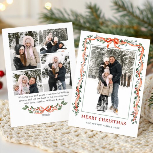 Funky Sage Green Christmas Bow Ribbon 5 Photo Feestdagenkaart