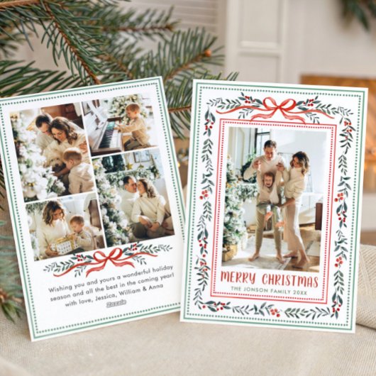 Funky Sage Green Christmas Bow Ribbon 5 Photo Feestdagenkaart