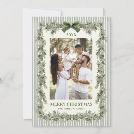 Funky Sage Green Pine Bow Frame Christmas 5 Photo Feestdagenkaart (Voorkant)