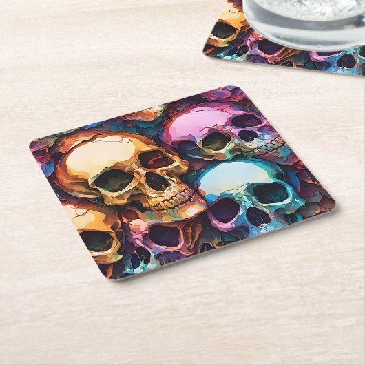 Funky Skulls Vierkante Kartonnen Onderzetter (Schuin)