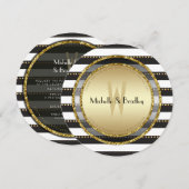 Funky Stripes Black White & Gold Round Wedding Kaart (Voorkant / Achterkant)