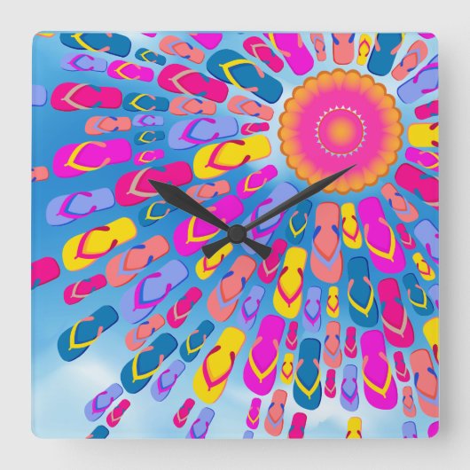 Funky Summer Teenslippers Rays Wall Clock Vierkante Klok (Voorkant)