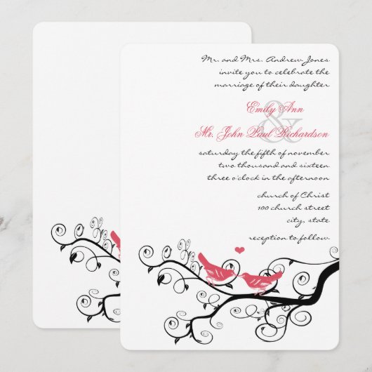 Funky Swirly Pink Love Bird Wedding Inviting Kaart (Voorkant / Achterkant)