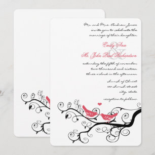 Funky Swirly Pink Love Bird Wedding Inviting Kaart