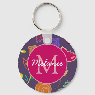 Funky Tulp Patroon Paarse Monogram Gepersonaliseer Sleutelhanger