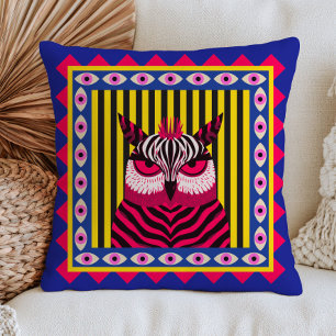 Funky Uil in Zebra Patroon Gele Strepen Blauw Kussen