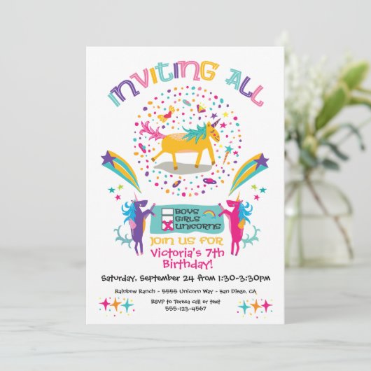 Funky Unicorn Invitations de fête d'anniversaire (Debout devant)