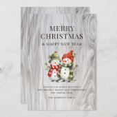 Funky Watercolor Snowmen Rustic Wood Carte de vaca (Devant / Derrière)