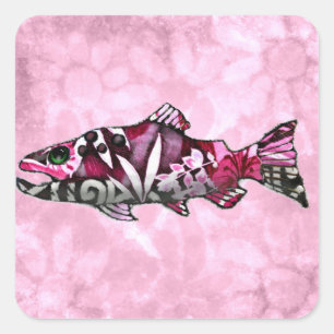 Funky Whimsical Abstracte zalm vis schilderij kuns Vierkante Sticker
