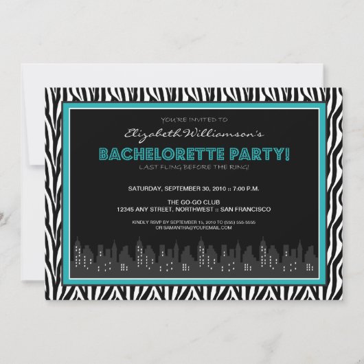 Funky Zebra Bachelorette Party Invitation (aqua) (Devant)