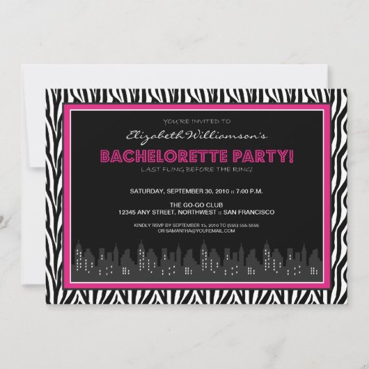 Funky Zebra Bachelorette Party Invitation (rose) (Devant)