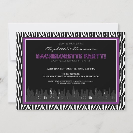 Funky Zebra Bachelorette Party Invitation (violet) (Devant)