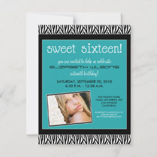 Funky Zebra Sweet 16 Birthday Party Invite (aqua) Kaart