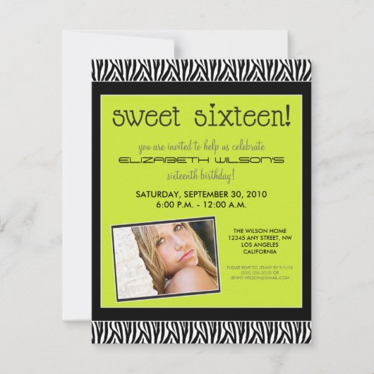 Funky Zebra Sweet 16 Invitation de fête d'annivers (Devant)