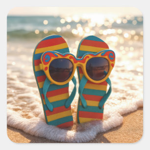 Funky zonnebril op teenslippers in oceaanbranding vierkante sticker