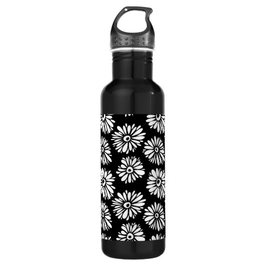 Funky zwart-wit bloemen waterfles  (Voorkant)