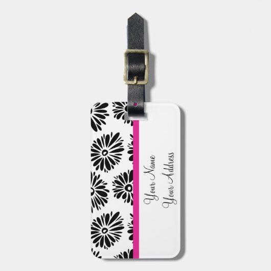 Funky zwart-wit bloemmotief bagagelabel (Voorkant verticaal)