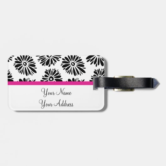Funky zwart-wit bloemmotief bagagelabel (Achterkant horizontaal)