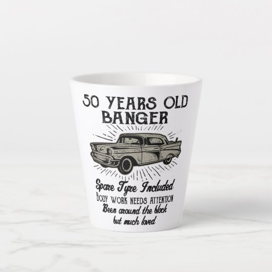 Funny 50th Birthday Retro Car Banger Add Name Date Latte Mok (Voorkant)