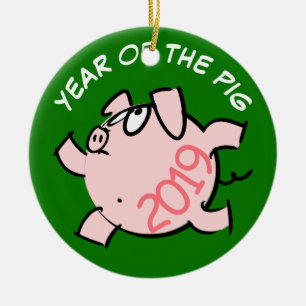 Funny 6 Cartoon Illustration Pig Year 2019 Round Keramisch Ornament