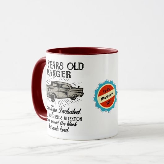 Funny 70th Birthday Retro Car Banger Add Name Date Mok (Voorkant links)